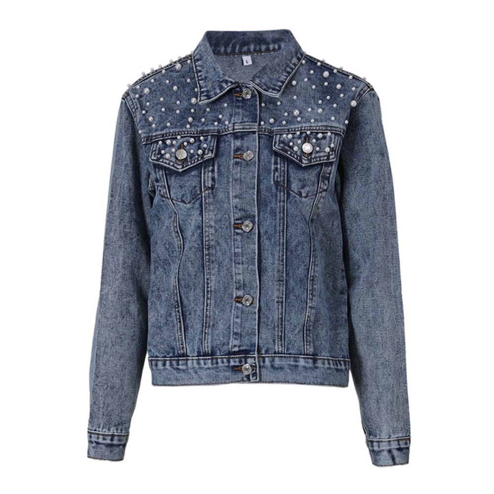 Casual Faux Pearls  Bead Denim Jacket Short Jean Coat